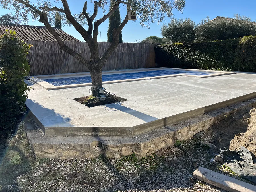 Terrasse dallée surélevée autour d’un olivier, bordée d’un muret en pierre